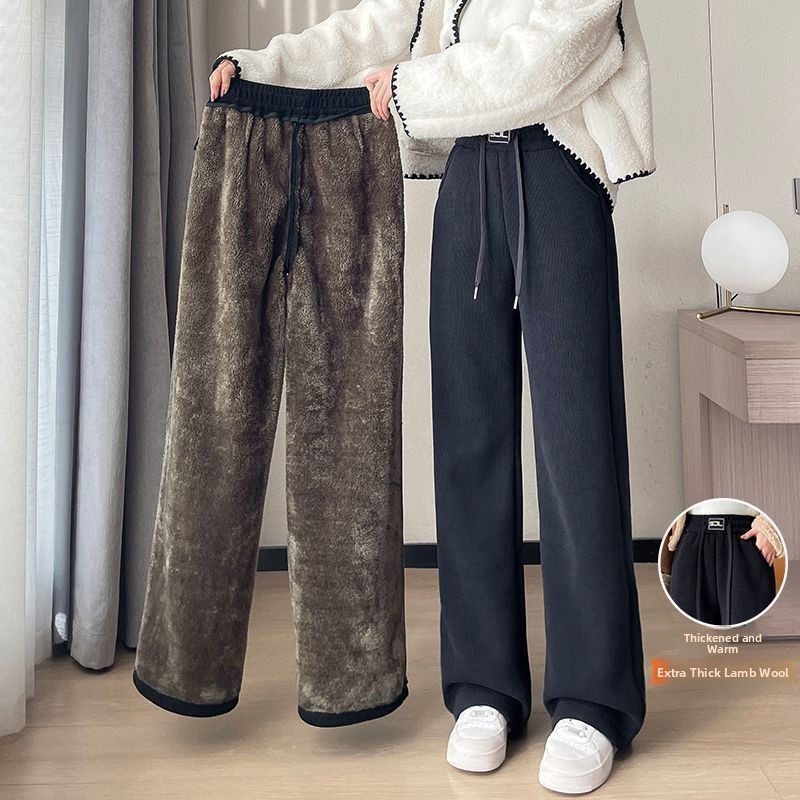 Women's Autumn Winter New Style, Thickened Fleece Wide Leg Pants, Casual Loose High Rise Straight Leg Trousers m dark Gray