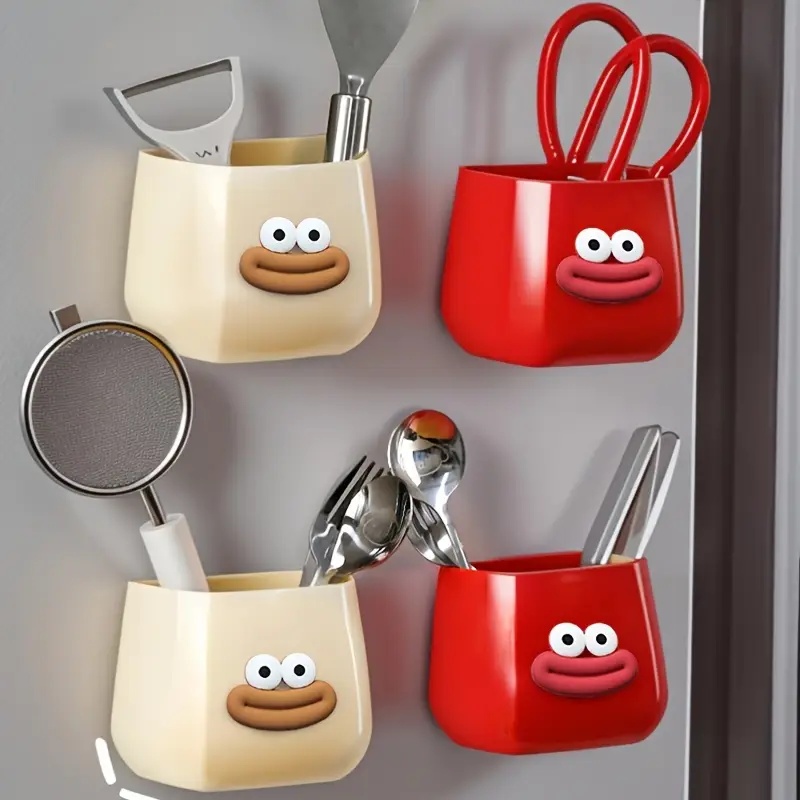 Desktop Storage Space Pen Holder, Magnetic Organizer With Stickers For Home Office, Kitchen, And Bathroom red