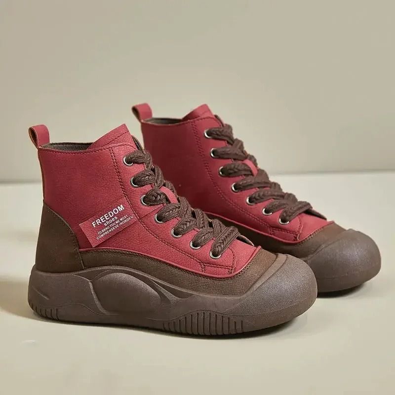 Women Sports Boots Leather Lace Up Winter Canvas Casual Shoes red 5