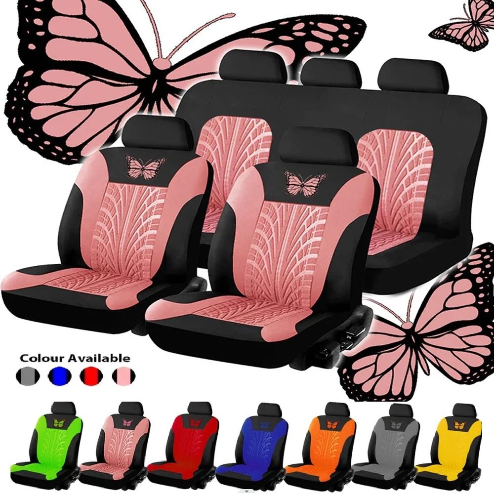 Universal Car Seat Cover Full Set With Butterfly Embroidery Design rose Red (5 Seat)