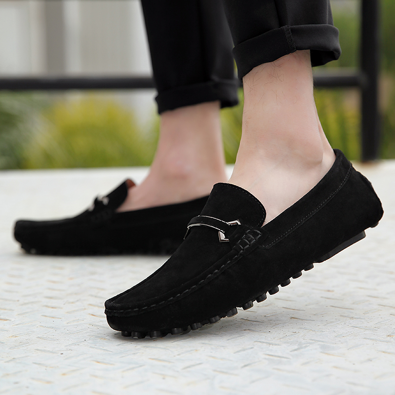 High Quality Suede Slip On Men Loafers, Genuine Leather Casual Shoes, Soft Non Slip Driving Flats gray 40