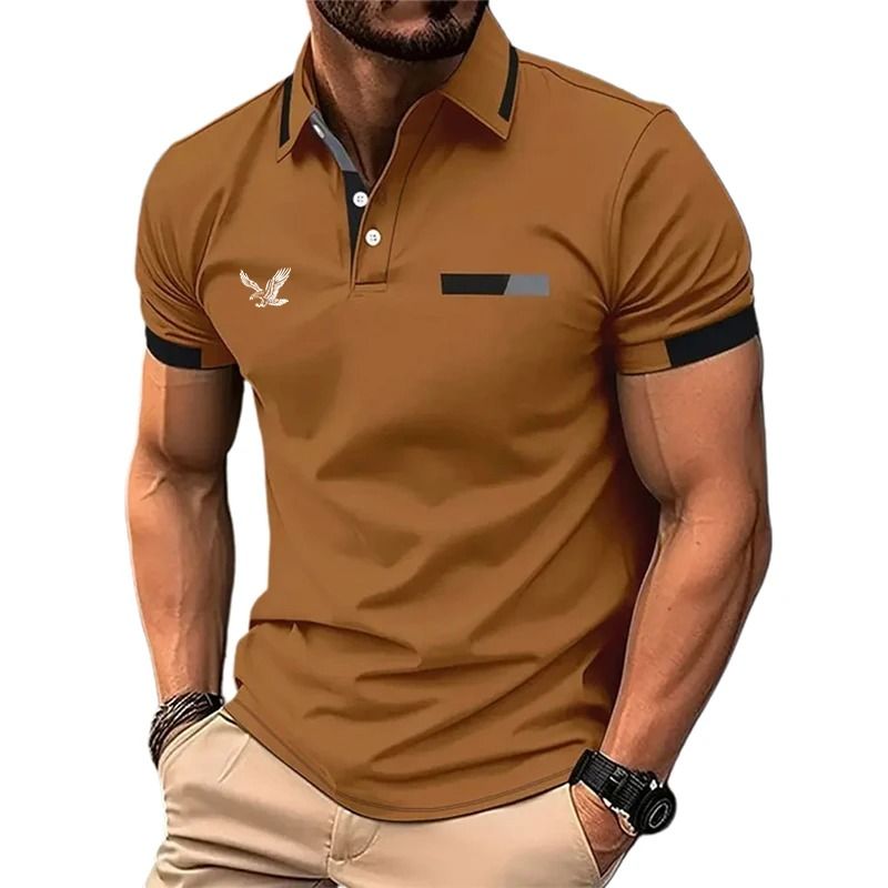 Mens Color Block Golf Polo Modern Short Sleeve Lapel Shirt xl coffee