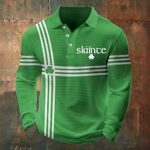 Saint-Patrick Homme Trèfle Chemises Polo Gaufre manche longue Polos Chemises à Col Occasionnel Fête Tenue quotidienne Vêtements de festival Boutons Printemps Automne Noir Blanche Vert