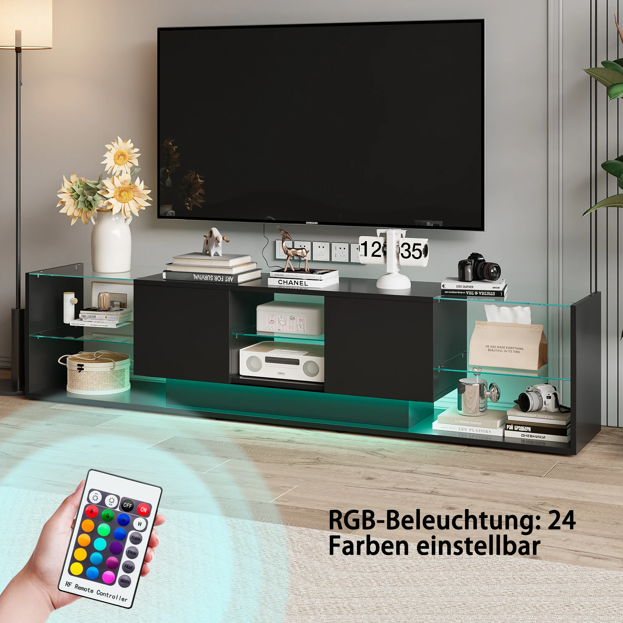 Anajqaqia Meubles TV modernes, meuble TV, meuble TV Lowboard avec éclairage LED et étagères en verre brillant, 200 × 35 × 45 cm