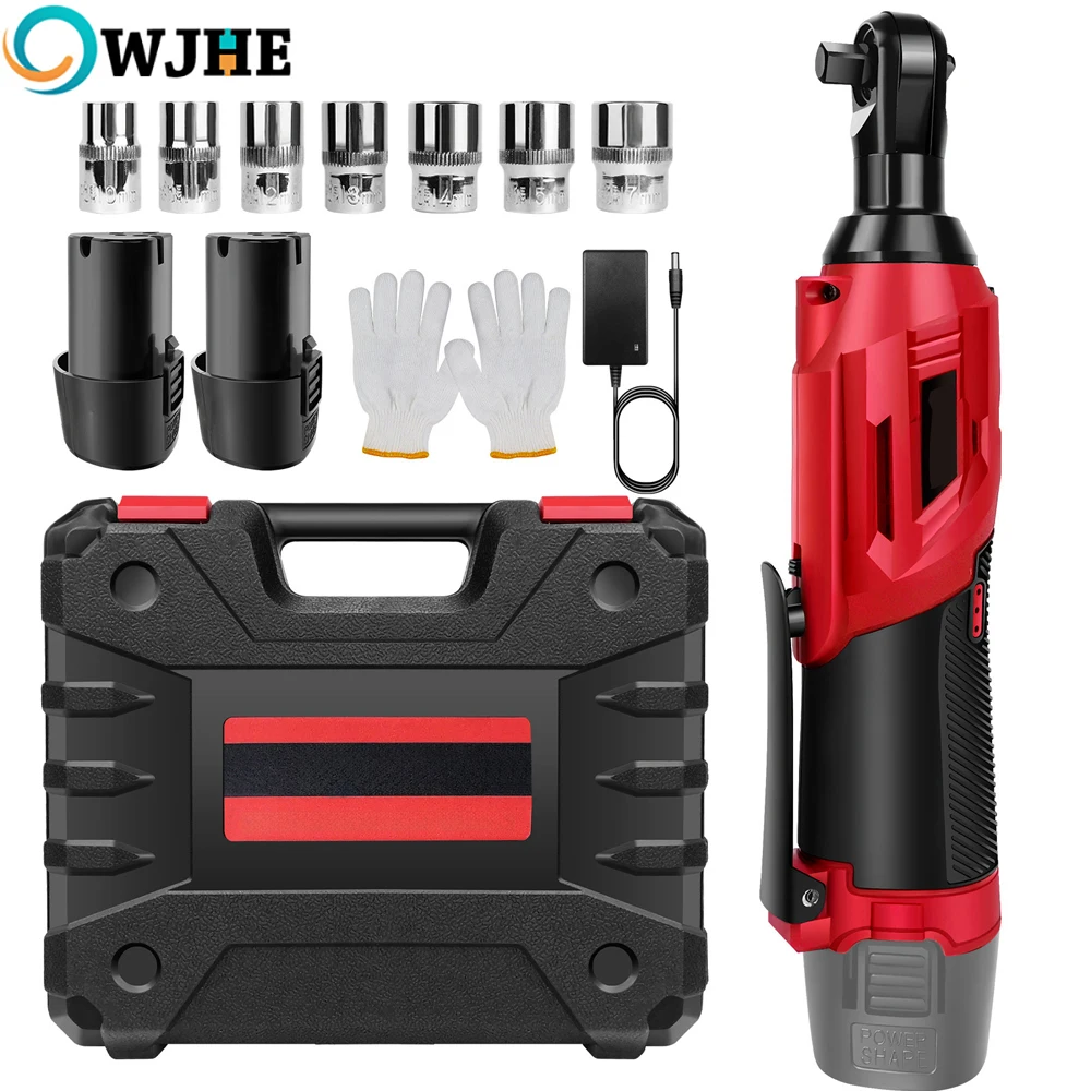 OWJHE 3/8" kabelloser elektrischer Ratschenschlüssel, 12V Power Ratschenwerkzeug 200NM mit 2X 1300mAh Batterien 90 ° Winkelschlüssel, 7 Steckdosen Image