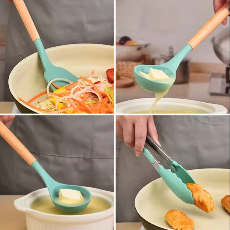 12 pièces manche en bois ensemble d'outils de cuisine ustensiles de cuisine en Silicone ustensiles de cuisine antiadhésifs ensemble d'ustensiles de cuisine spatule pelle batteurs à oeufs