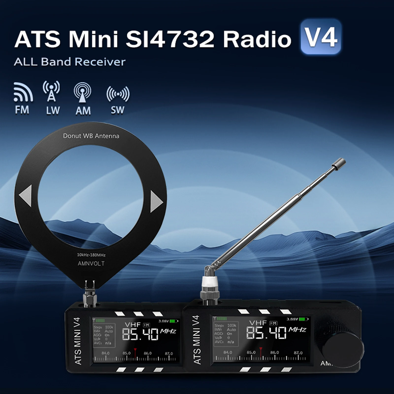 AMNVOLT V4 ATS Mini-Radio, Vollband-DSP-Radio, 1,9 Zoll IPS-Bildschirm, tragbarer AM-FM-Radioempfänger, LSB, USB-Transistor, Taschenradios Image
