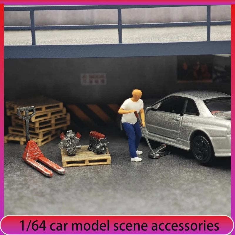 1:64 Automodell Reparaturwerkstatt Szene Dekorationen, Wagenheber, Minifigur, Motormodifikationszubehör Image