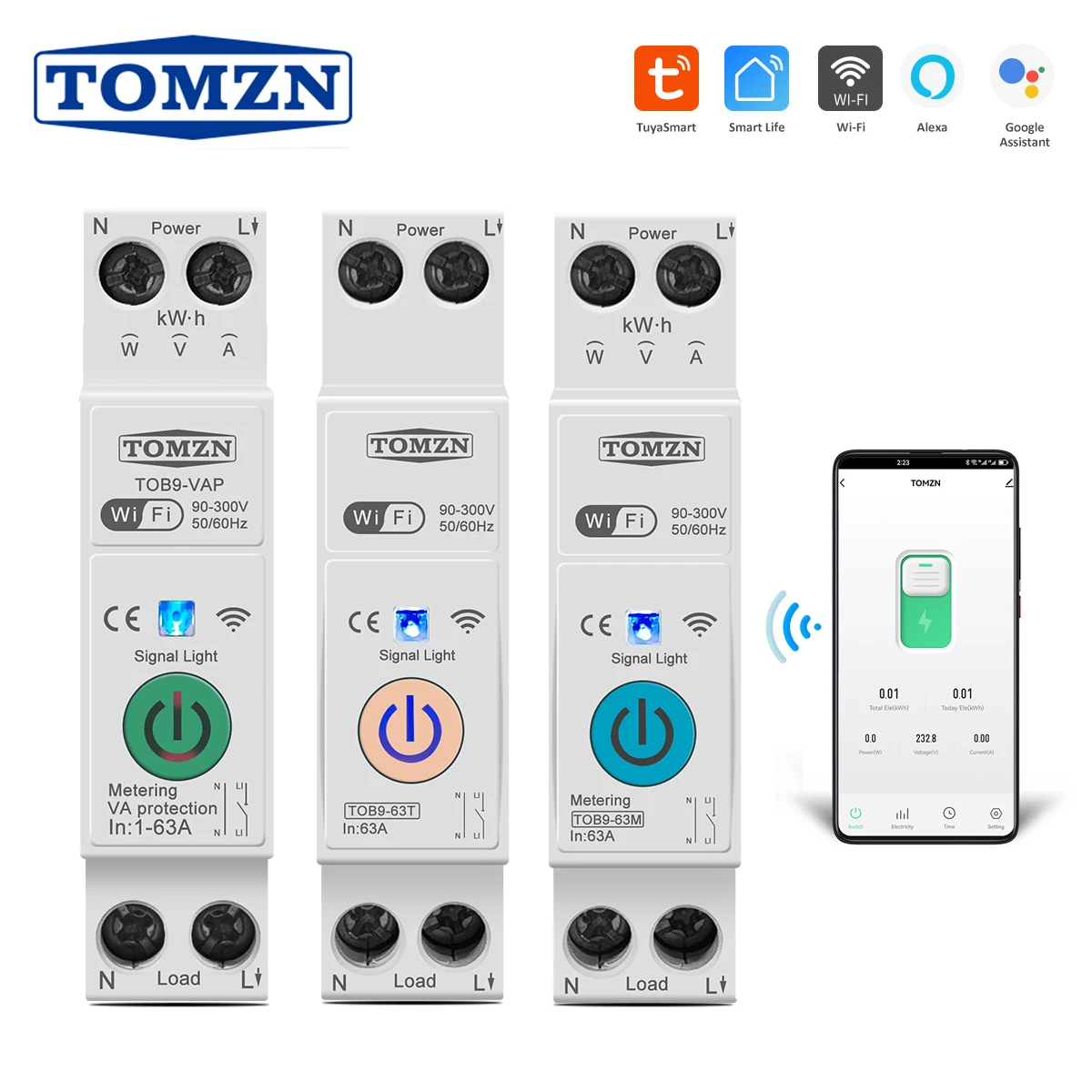 TOMZN TOB9-63M 63A 1P + N WIFI Smart Switch Contatore di energia Kwh Misuratore di monitoraggio Interruttore automatico Relè timer MCB TUYA smartlife
