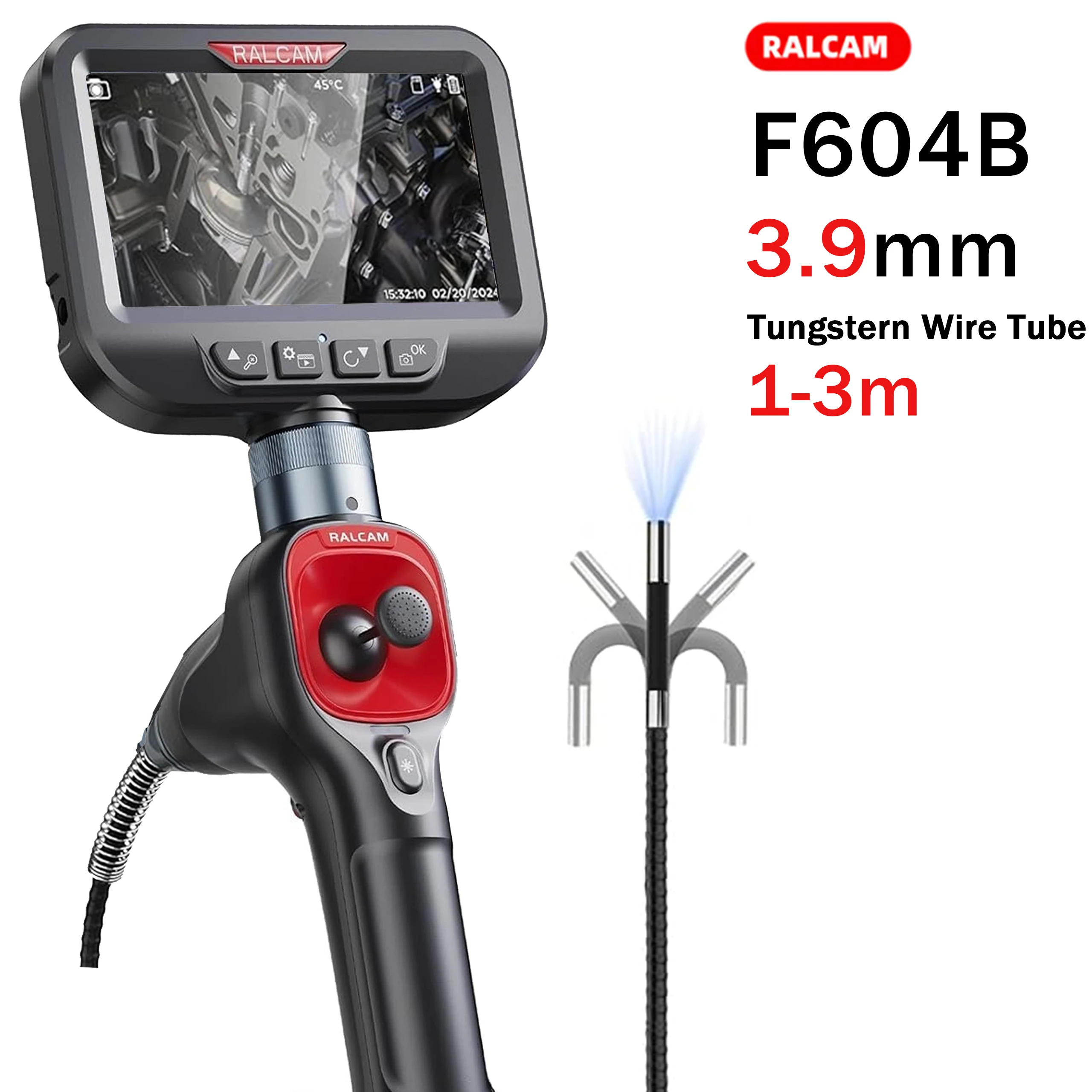 RALCAM 4-Wege-Lenkung, 3,9 mm Industrie-Endoskop mit 4,3-Zoll-HD-Bildschirm für die Endoskopkamera zur Inspektion von Autohren und Kanälen Image