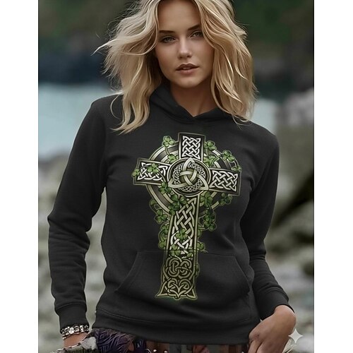 Felpa con cappuccio da donna per il giorno di San Patrizio con grafica tribale elegante punk vintage maniche lunghe cappuccio to