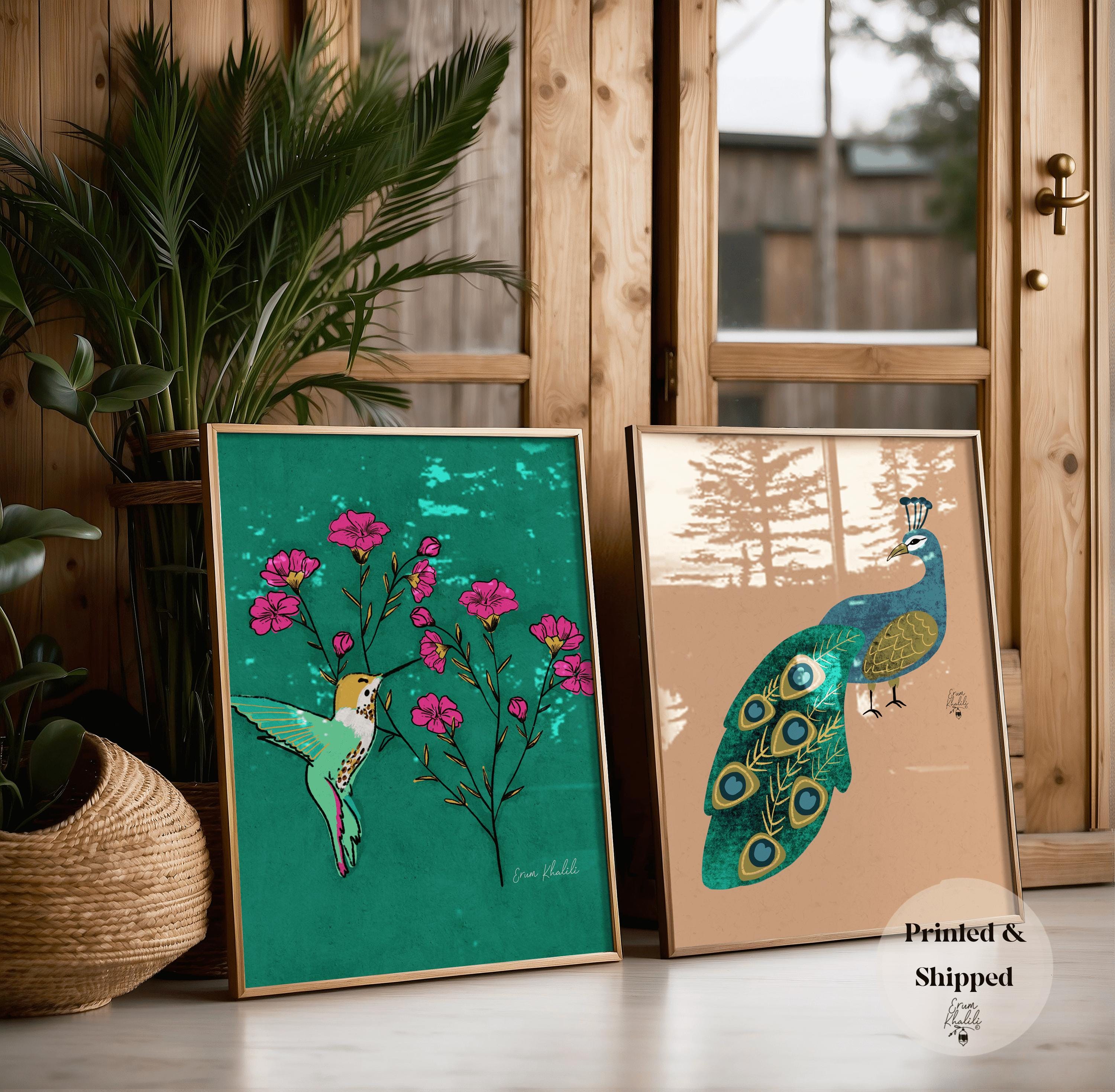 Set di 2 - Stampe artistiche da parete con pavone e colibrì, dipinti, opere d'arte naturalistiche, opere d'arte da galleria, opere d'arte con animali,