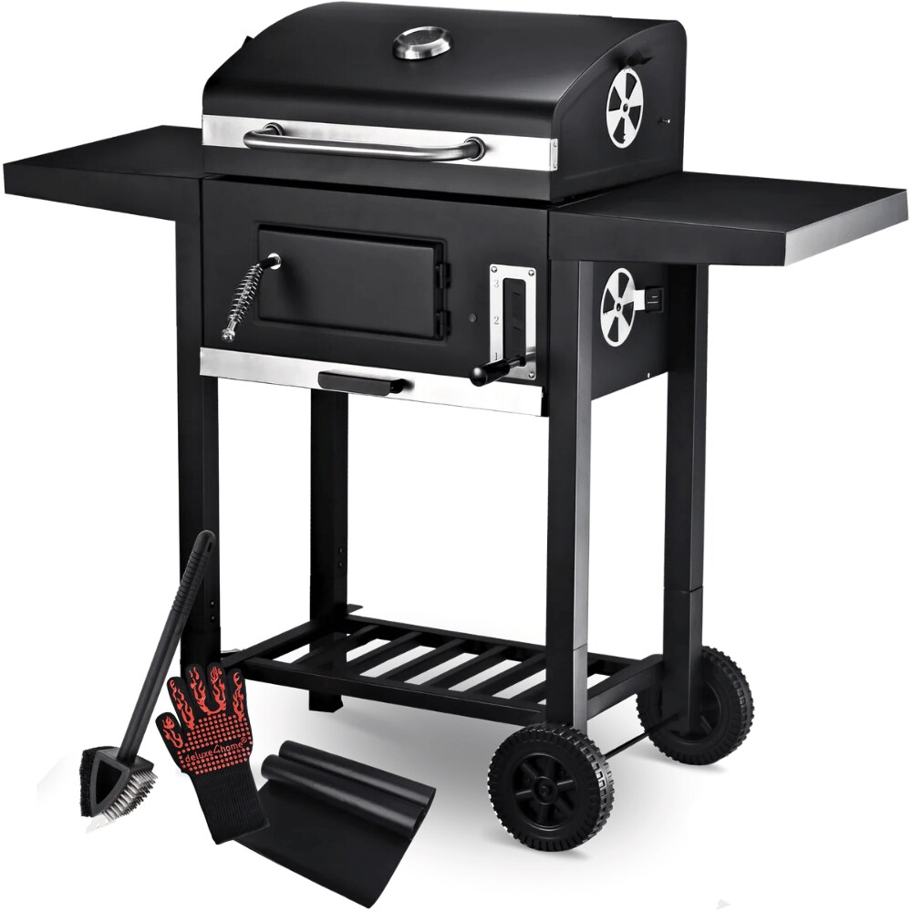 DELUKE Holzkohlegrill mit Deckel OLLI [Inkl. Grillmatte, Bürste & Handschuhe] Grillwagen Edelstahl-Griff Standgrill Kohlegrillwagen Image