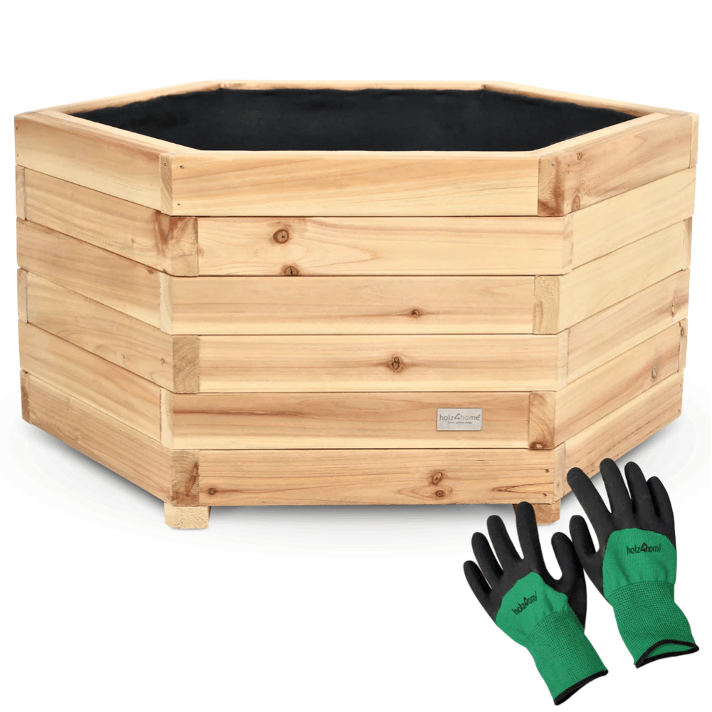 DELUKE Pflanzkasten Holz 6-eckig MICHA - Inkl. Vlies und Handschuhe | Pflanzkübel Tannenholz Blumenkasten Blumenkübel Blumentopf Terrasse, 60cm Breit Image