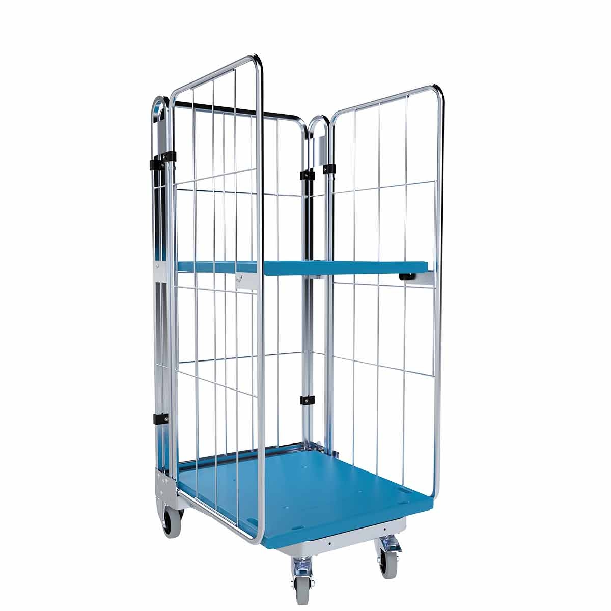 Oswald Transportgeräte Nestbarer Rollbehälter Medium, 725 x 820 x 1.660 mm, 3-seitig, 1 Zwischenboden, Nutzhöhe 1.410 mm, Rollplatte aus Kunststoff, 500 kg Image