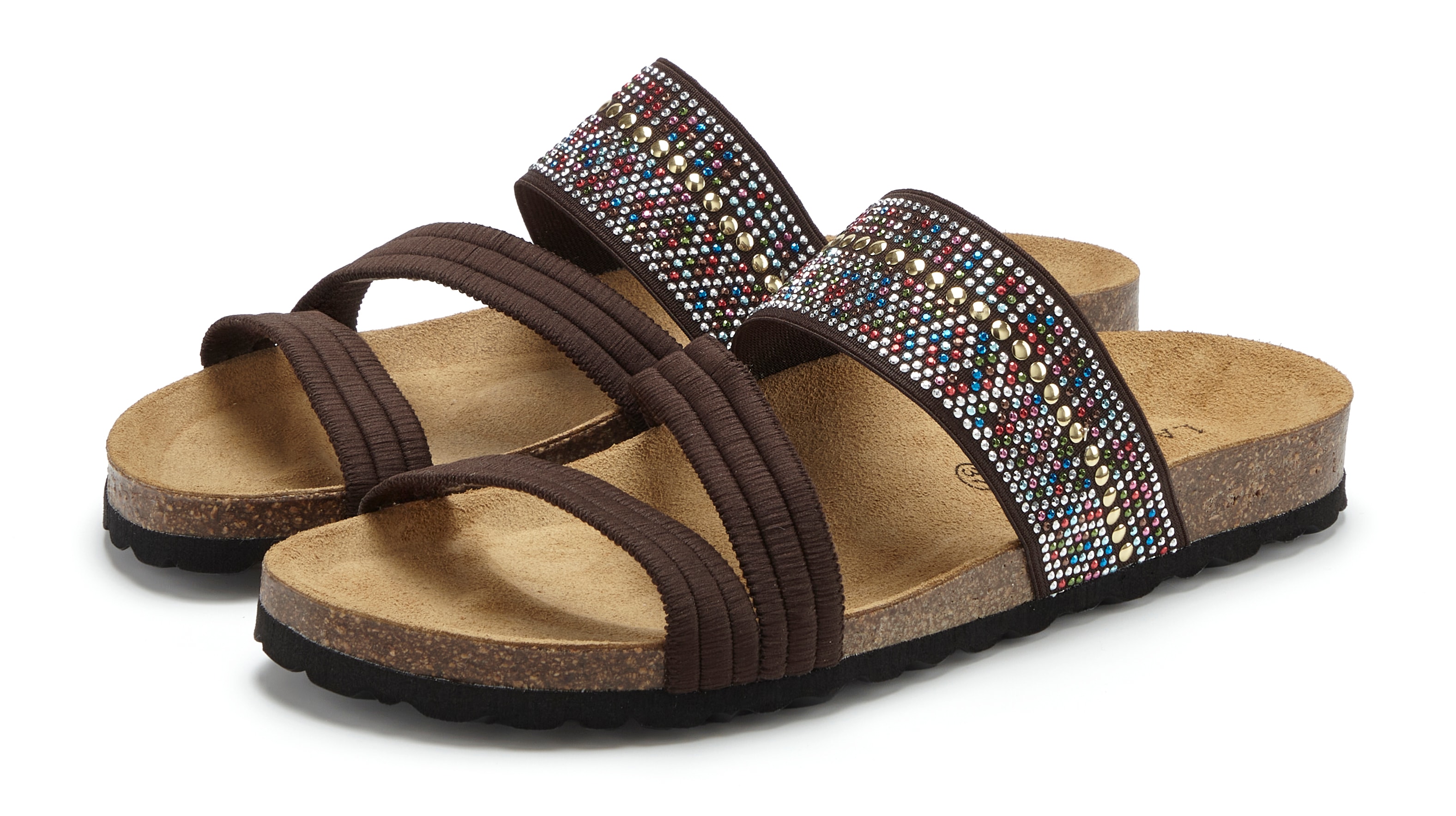 Pantolette LASCANA "Mule, Sandale, offener Schuh, Sommerschuh", Damen, Gr. 39, braun, Obermaterial: 50% Synthetik, 50% Textilmaterial. Decksohle: 100% Rindsleder. Laufsohle: 100% Synthetik, Glitzer, Schuhe Pantolette, mit Komfortkorkfußbett aus...