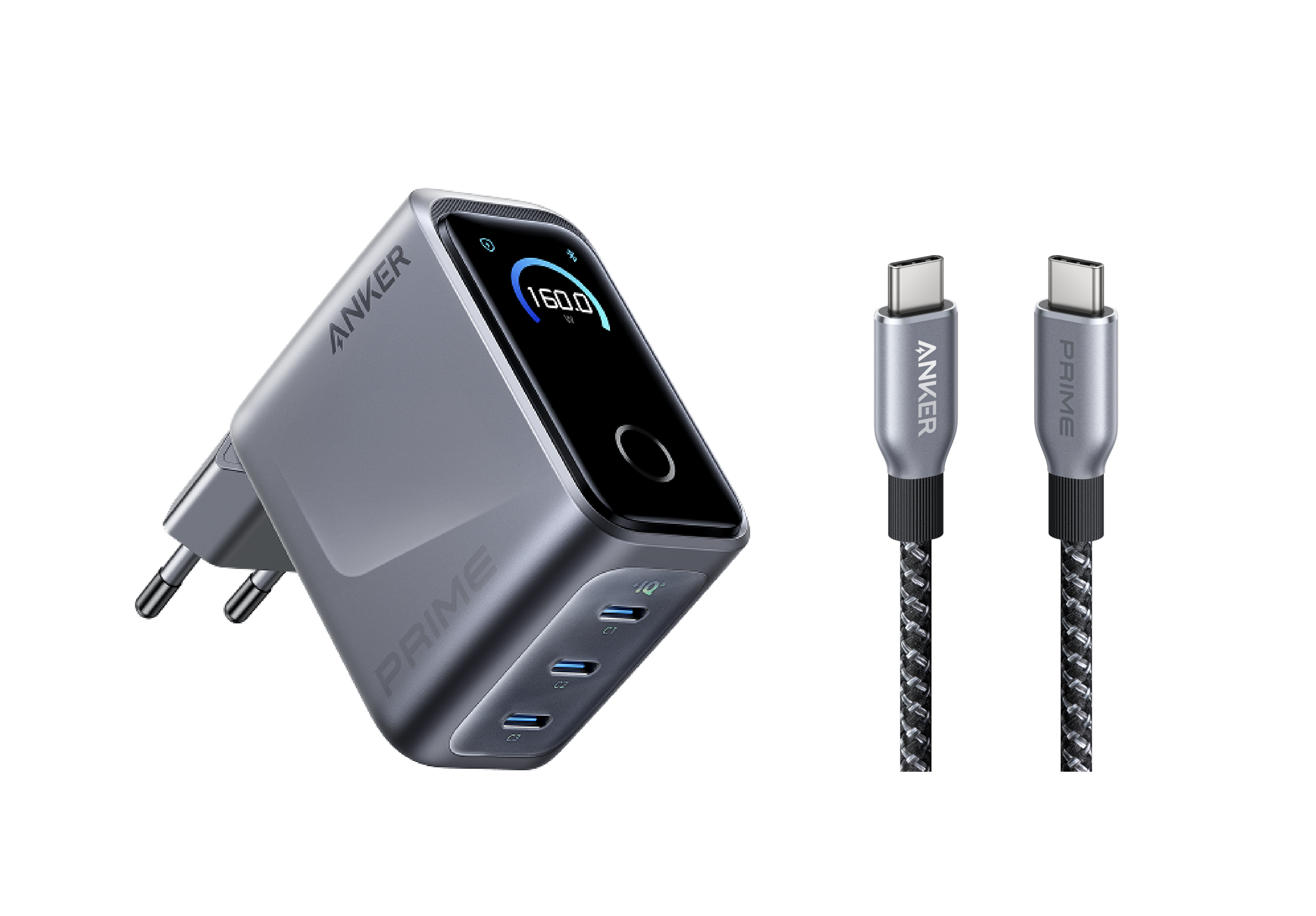 Anker Prime Ladegerät (160W, 3 Ports, GaNPrime) + Anker Prime USB-C auf USB-C Kabel (0,9m, 240W, Upcycled-Flechtdesign) Image