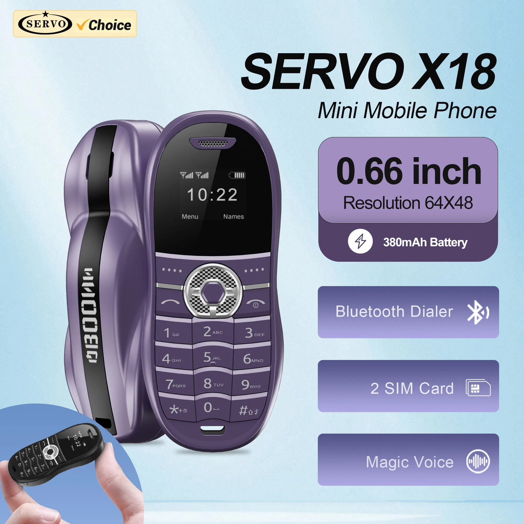 SERVO X18 Kleines Auto-Handy 2G GSM Bluetooth-Zifferblatt Magic Voice MP3-Player Blacklist 2Sim 0,66" Mini-Funktion Mobiltelefon Typ-C Image
