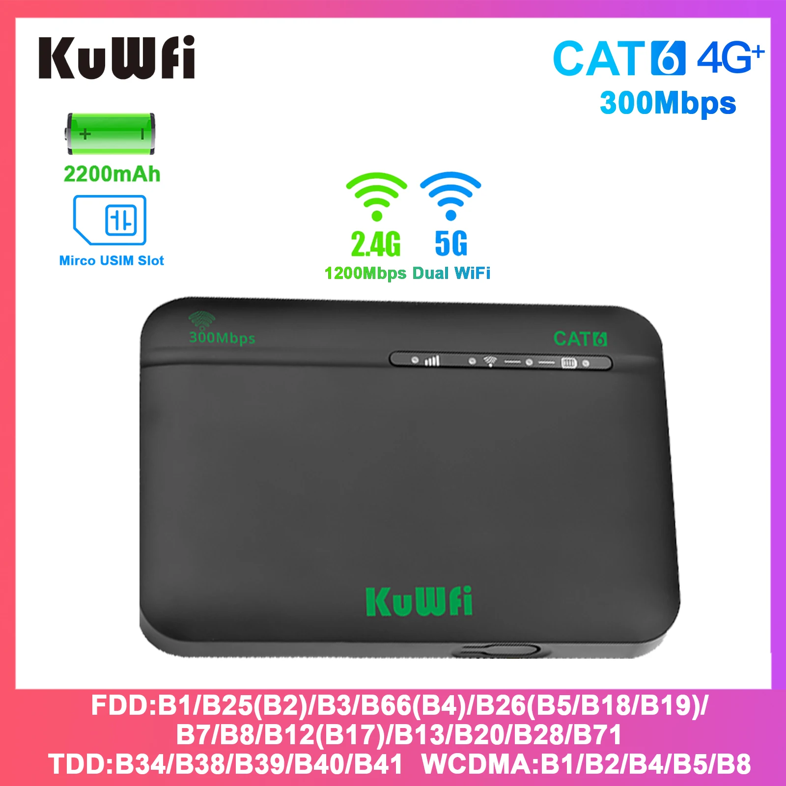 KuWFi CAT6 4G + Router da viaggio 1200Mbps 2.4G 5G Dual Band WiFi Velocità Modem portatile 4G LTE Batteria 2200mAh Slot USIM 64 utenti VPN