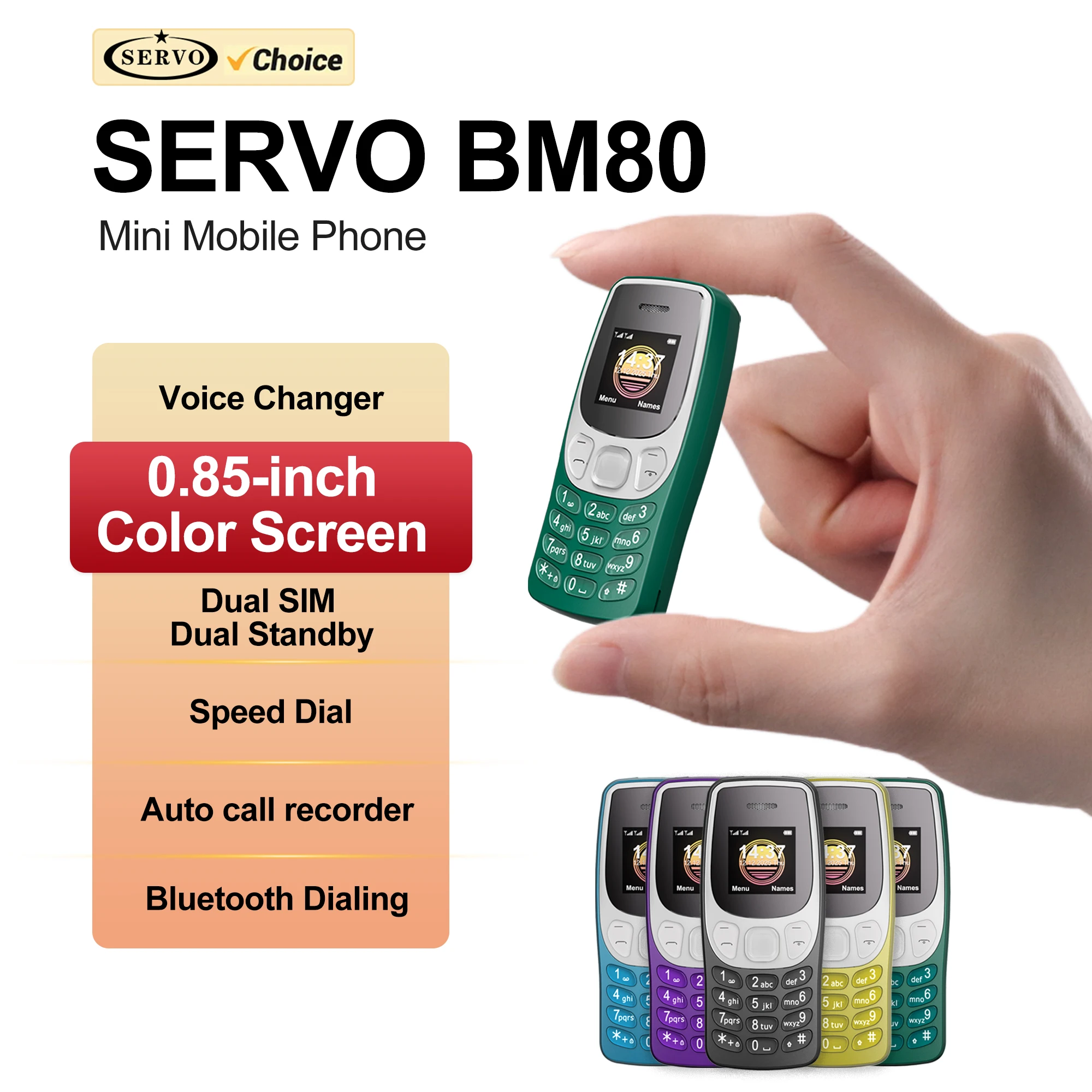 SERVO BM80 Mini-Handy, 2 SIM-Karten, Anrufaufzeichnung, Bluetooth-Aufwahl, Blacklist Magic Voice, 2 G GSM, niedliche kleine Mobiltelefone Image