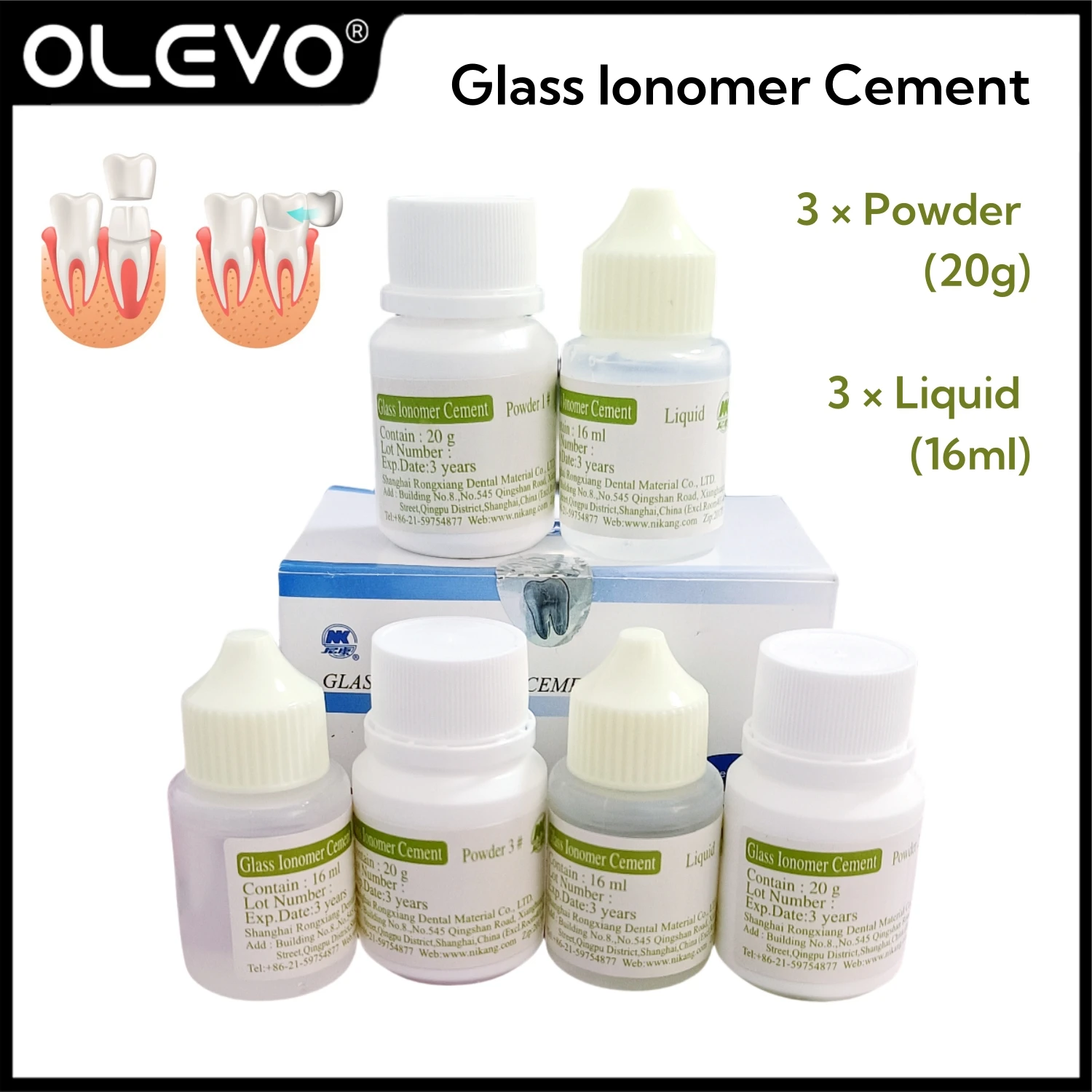 20g*3+16ml*3 Dental Glas Ionom Zement Permanente Restaurierung Füllungen für Zähne Krone Brücke Extra starke Klebematerialien Image