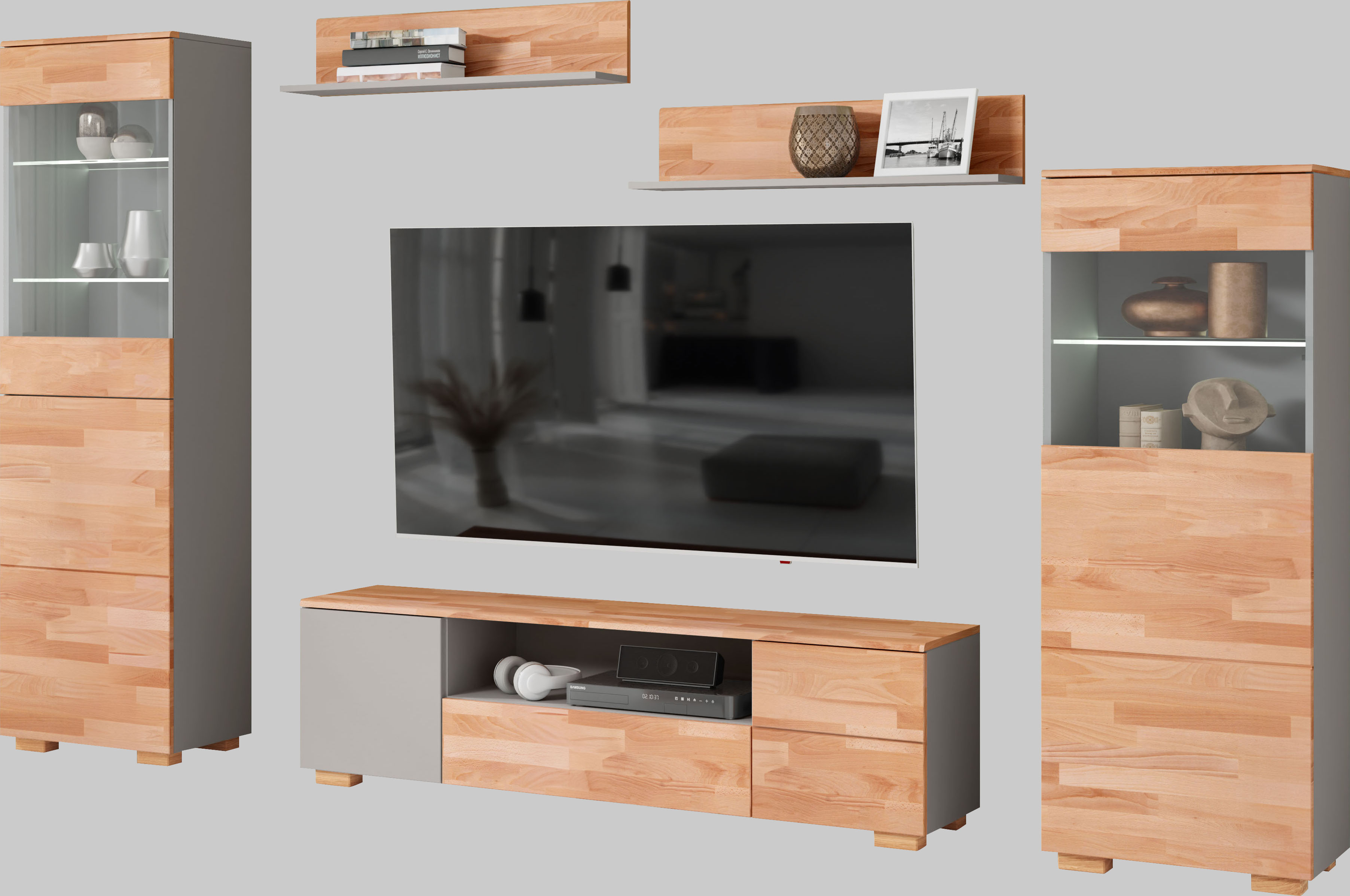 Wohnwand OTTO HOME, braun (braun und grau), B:270cm H:185cm T:35cm, Holzwerkstoff, Massivholz, Kastenmöbel-Sets, Wohnwand, schöne moderne Optik