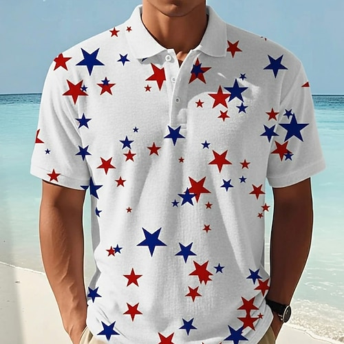 250. Jahrestag der Gründung der Vereinigten Staaten von Amerika, Veteranentag Herren Stern Polo Kurzarm Polo-Shirts Hemden mit Kragen Lässig Athleisure Knöpfe Sommer Weiß Image