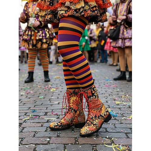 Damen Mardi Gras farbenfrohe Paisley-Muster Stiefeletten - Festivalstil Schnür-Casual-Boots ideal für Karnevalsumzüge Kostümpartys Straßenfeste und thematische Feiern Image