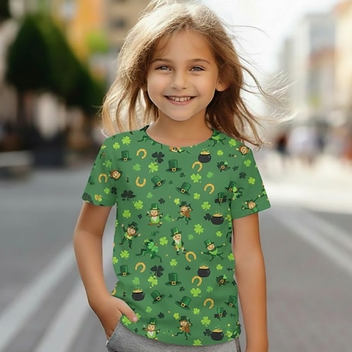 St. Patrick's Day Mädchen 3D Grafik St. Patricks Day St. Patricks Elfe T-Shirt Kurzarm 3D-Druck Sommer Frühling Sport Mode Streetwear Kinder 4-12 Jahre Rundhalsausschnitt Lässig Täglich Outdoor Image