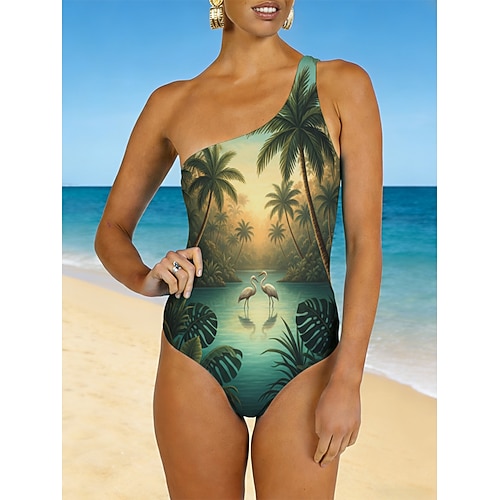Damen Badeanzug Einteiler Monokini Slips Bademode Bauchkontrolle Hohe Taille Schlank Ein-Schulter Rückenfrei Urlaub Strandbekleidung Blumen Tropisch Asymmetrischer Ausschnitt Ärmellos Badeanzüge Image