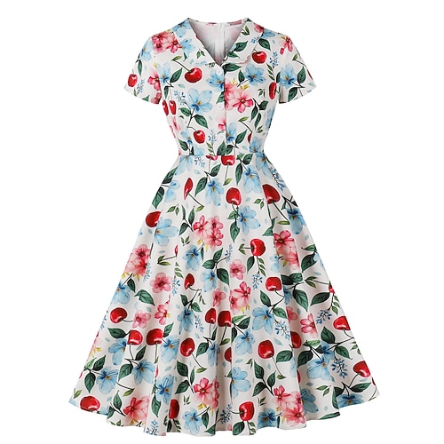 Retro Vintage 1950er Rockabilly Kleid Swing-Kleid Kurze Ärmel Blume / Blumenmuster Kostüm Damen Karneval Maskerade Alltagskleidung Junggesellinnenabschiedsparty Erwachsene Kleid Image
