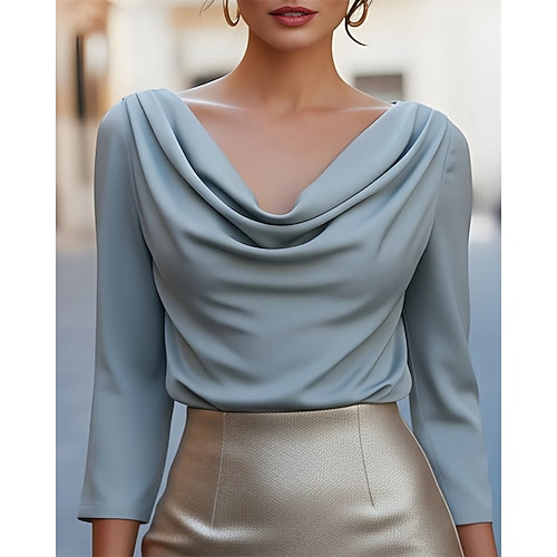 Damen Elegant Satin-Top Bluse Elegante Oberteile Gerafft Patchwork Drapiert Einfarbig Elegant Damen Stilvoll Langarm Wasserfallausschnitt Normale Oberteile Täglich Arbeit Ausgehen Blau Schwarz Weiß Image