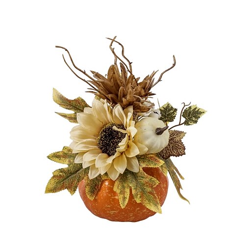 Großer Kürbis als Dekoration für das Erntedankfest, Tischdekoration, Ahornblatt, Herbst-Sonnenblumen-Ornament Image
