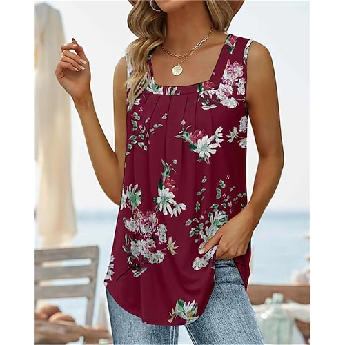Damen Hemd T Shirt Patchwork Druck Einfarbig Blumen Grafik Elegant Stilvoll Klassisch Ärmellos U-Ausschnitt Normale Oberteile Täglich Ausgehen Wochenende Schwarz Weiß Rote Himmelblau Staubiges Blau Image