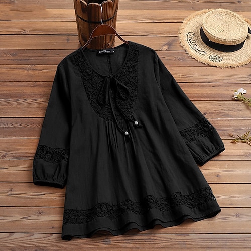 Damen Oberteil mit Spitzenspleiß Bluse Elegante Oberteile Gerafft Schnürung Spitze Einfarbig Elegant Damen Stilvoll Dreiviertelarm Rundhalsausschnitt Normale Oberteile Täglich Arbeit Ausgehen Schwarz Image