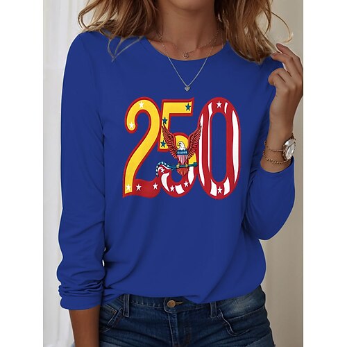 Unabhängigkeitstag Amerikanischer 250. Jahrestag Patriotisches Damen T-Shirt Grafisch Flagge Flaggen Stilvoll Klassisch Langarm Rundhals Rundhals Alltag Wochenende Druck Blau Schwarz Weiß Rot Image