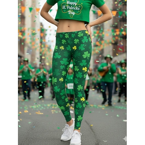 St. Patrick Damen Leggings Urlaub Vintage Ethnischer Stil Voller Länge Hohe Taille St. Patrick's Day Grafik Shamrock 3D Druck Komfort Schnell trocknend Atmungsaktiv Dehnbar Täglich Zuhause Outdoor Image