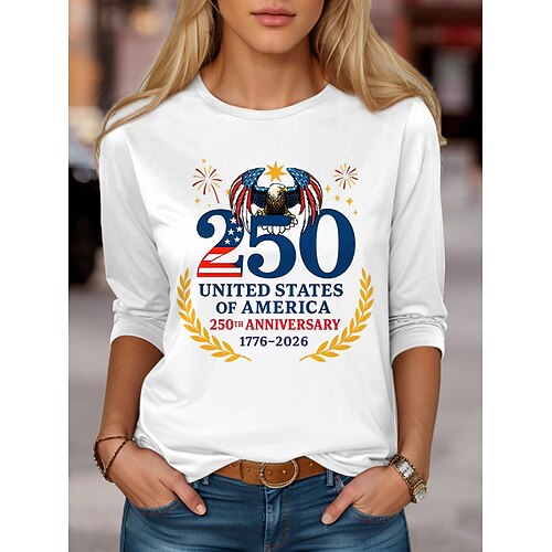 Unabhängigkeitstag Amerikanisches Jubiläum Patriotischer Damen T-Shirt Grafik USA Flagge Mode Stilvoll Klassisch Langarm Rundhalsausschnitt Täglich Wochenende Druck Schwarz Weiß Rot Sommer Frühling Image