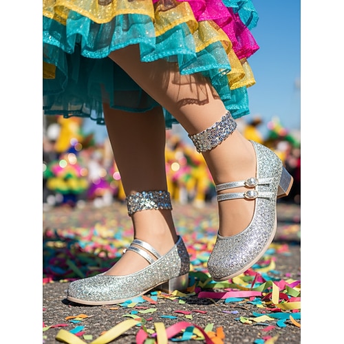 Glitzernde Mary-Jane-Schuhe für Damen – funkelnde Doppelriemen-Schuhe mit niedrigem Blockabsatz, festliches Schuhwerk für Karnevalsdarstellerinnen und Tänzerinnen. Festtagsoutfits