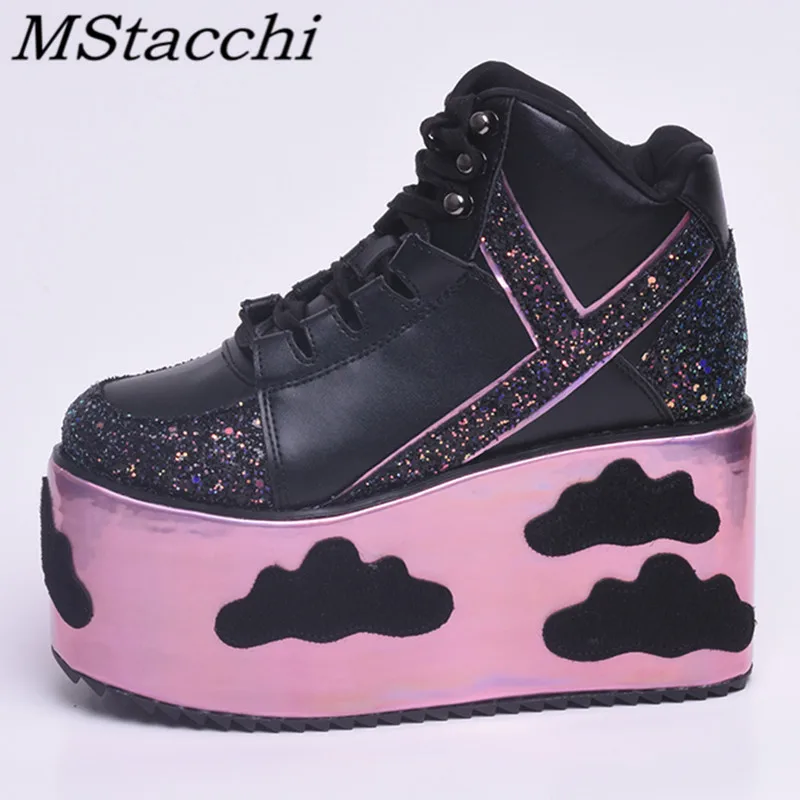 Bunte Wolken-Plateau-Schuhe für Damen, Punk-Stil, Schnürschuhe mit hohem Absatz, Keilabsatz-Schuhe, süße Damen-Stiefeletten für Frauen, Schuhe 2026