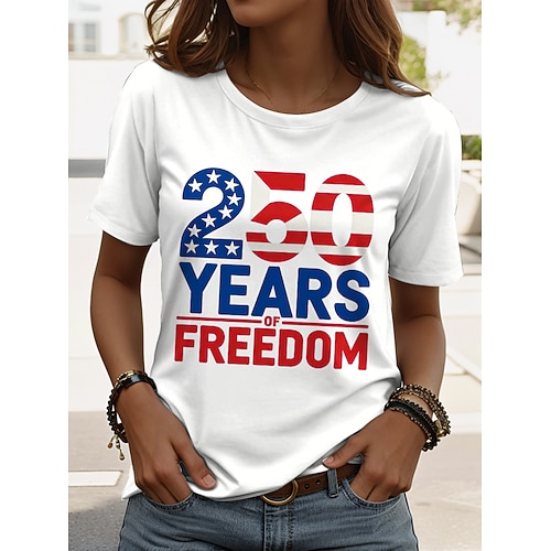 Unabhängigkeitstag Amerikanischer 250. Jahrestag Patriotisches Damen T-Shirt Grafik Flagge Vintage Stylisch Lässig Kurzarm Rundhals Reguläre Oberteile Alltag Wochenende Druck Schwarz Weiß Khaki Image