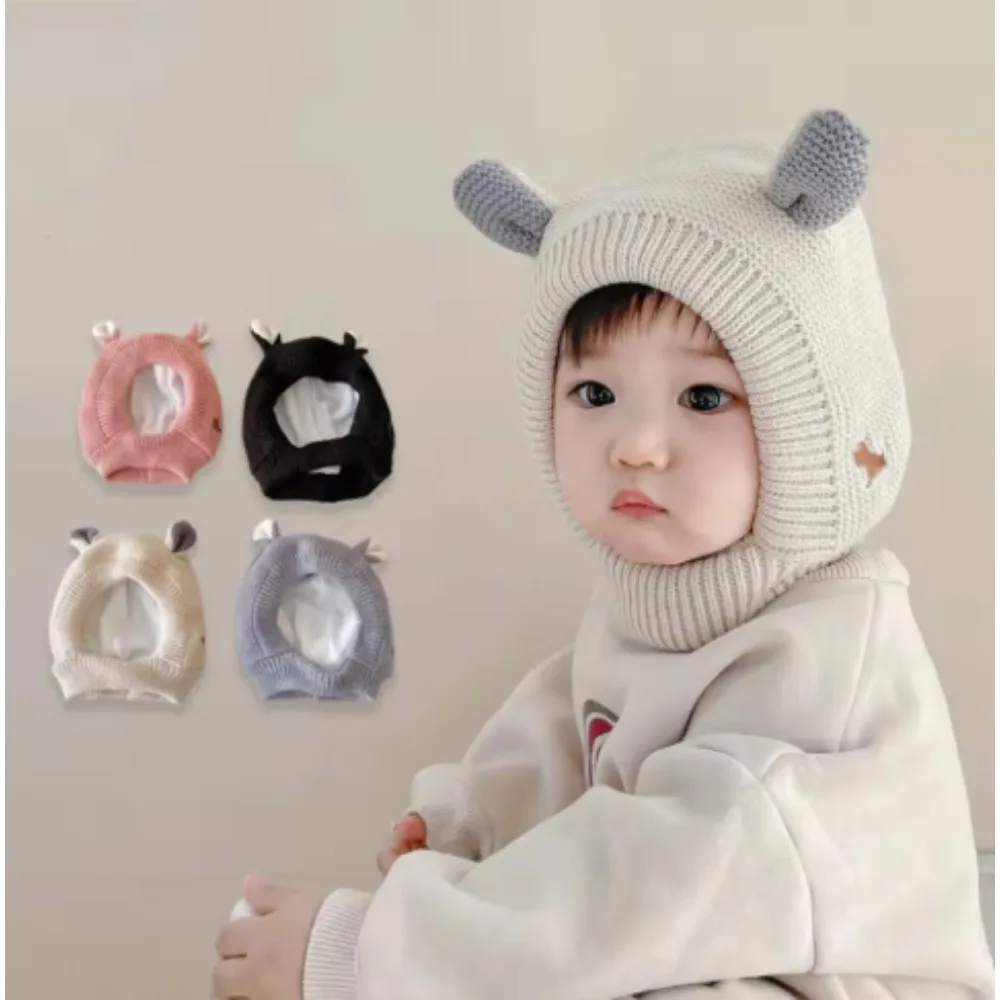 Nette Winter Baby Beanie Cap Cartoon Ohren Stricken Earflap Hut für Kleinkinder Einfarbig Verdicken Plüsch Warme Kinder Ohr Schutz Kappen Image