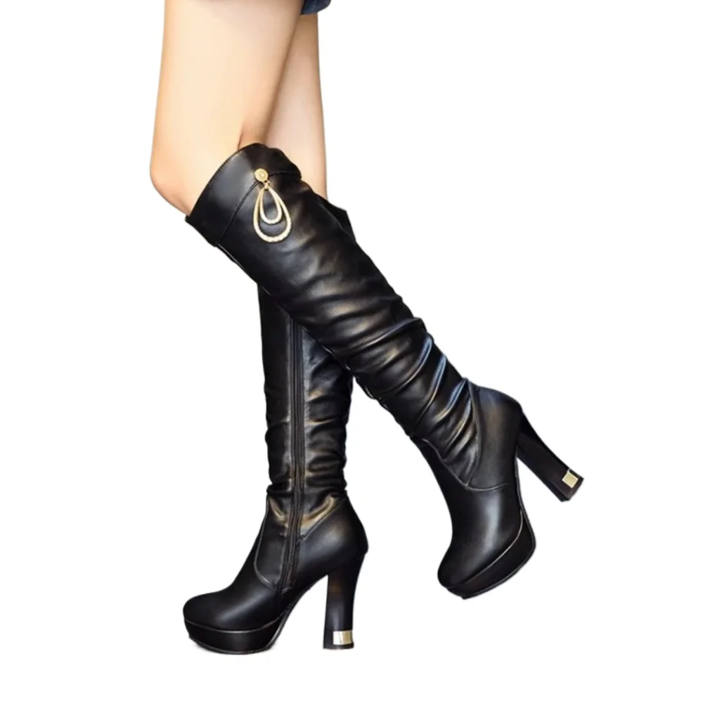 Winterstiefel für Damen PU Sexy Mode Kniehohe Stiefel mit Reißverschluss Hochhackige Stiefel Plateau Damenschuhe Zapatos De Mujer Botas K1-4 Image