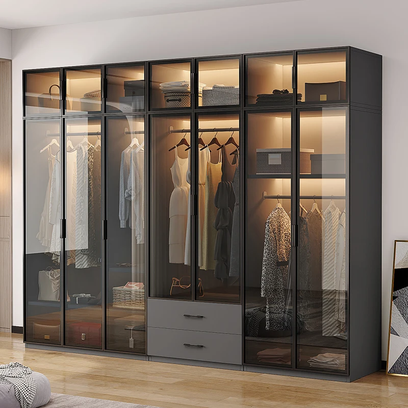 Luxuriöse Kleiderschränke für Kleidung im Zimmer, Schlafzimmerschrank aus Holz für Kleideraufbewahrung, Organizer für Schlafzimmer, Glasgarderobe zu Hause