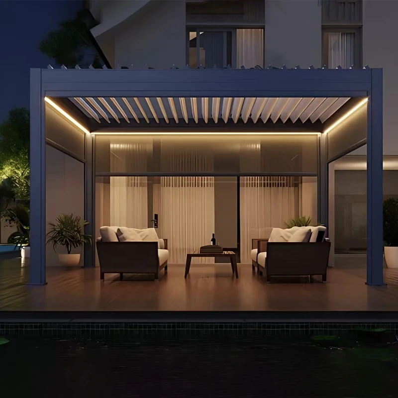 Garten-Aluminium-Lamellenpergola Bioklimatische Wasserdichte Motorisierte Terrassenüberdachung Sonnenzimmer Baldachin Winddicht UV-Schutz Image