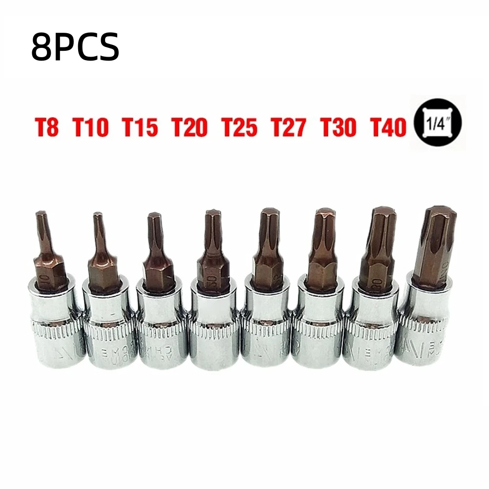 8Pcs Schraubendreher-bits Set 1/4 zoll T8 T10 T15 T20 T25 T27 T30 T40 Hex Schaft Bit sockel Für Mechaniker Reparaturen Hand Werkzeuge Image