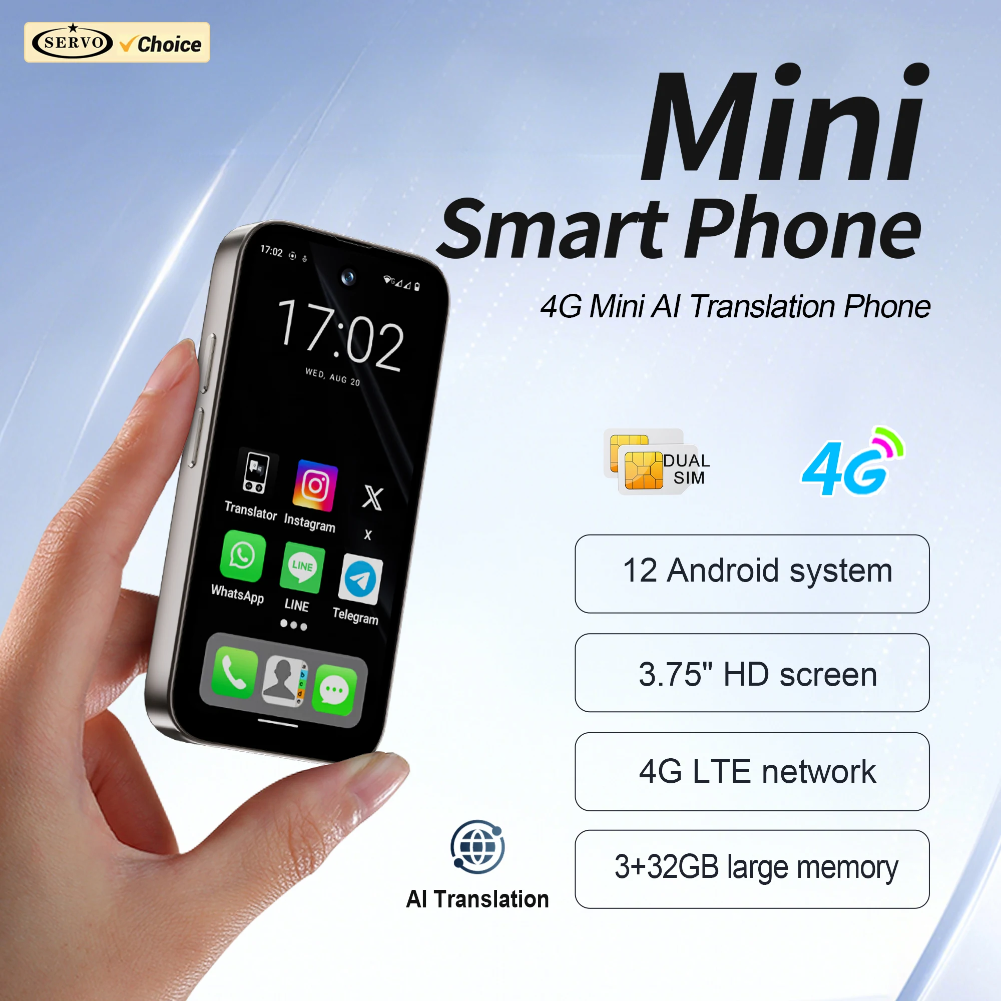 SERVO A1 PRO Mini-Übersetzung Smartphone 4G LTE Android12 System RAM 3 GB ROM 32 GB Play Store WiFi Dual SIM Pocket AI Smartphone