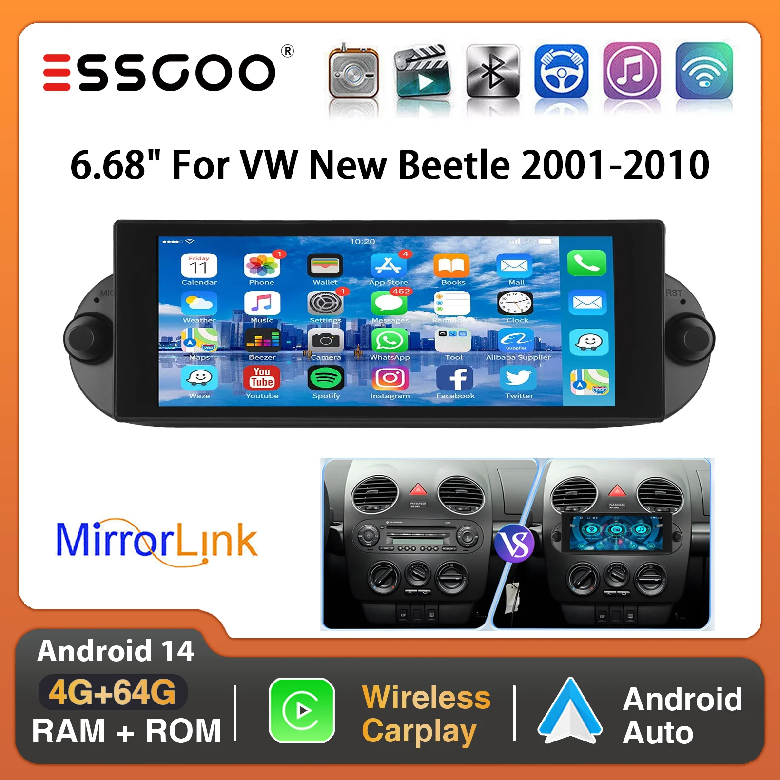ESSGOO 64G 7 "Android 14 Auto Stereo Für VW Käfer 01-10 Drahtlose Carplay GPS Navi FM WiFi BT RDS SWC Spiegel Link IPS Touchscreen Image