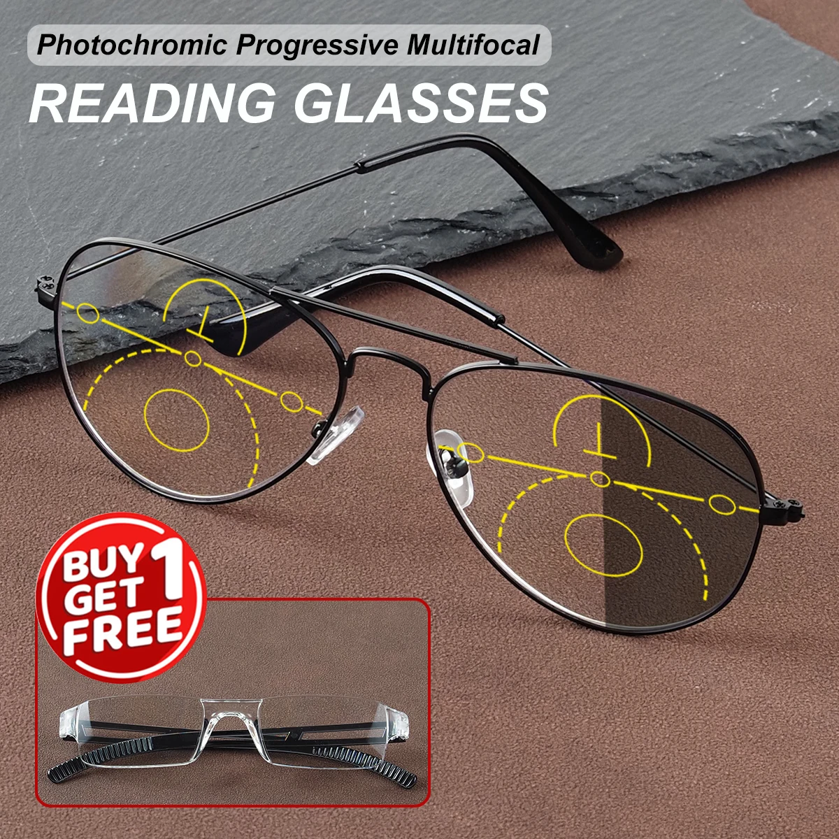 Photochrome, progressive multifokale Lesebrille, wird mit einer kostenlosen integrierten Lesebrille geliefert, Unisex. Image