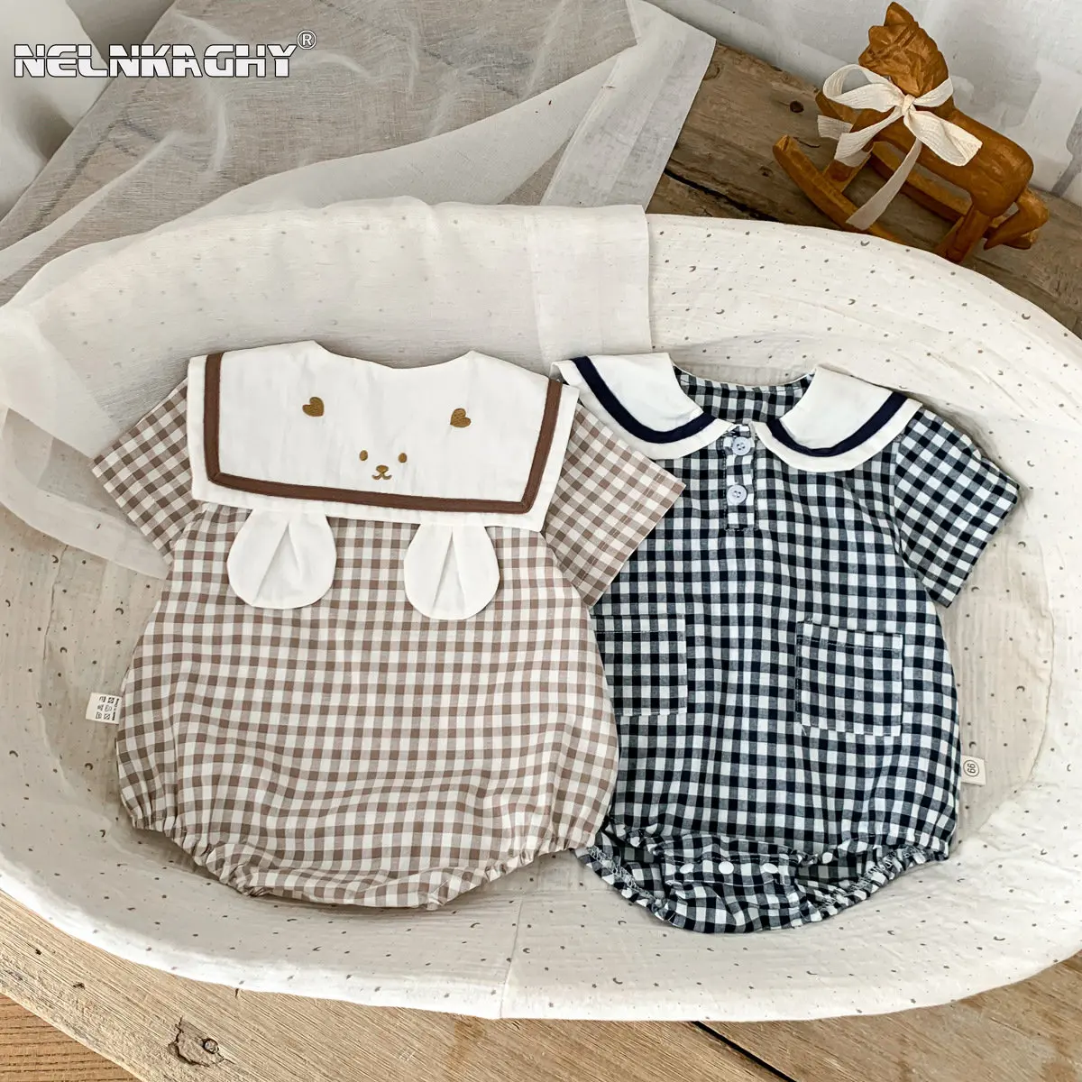 Sommer Neue In Kleinkind Baby Mädchen Kurzarm Plaid Bär Outwear Kinder Baumwolle Kleidung einteiliges Neugeborenen Nette Bodys bahna dh Image